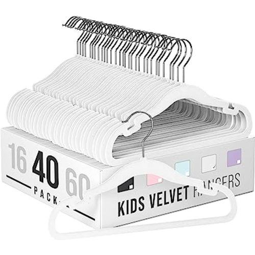 Velvet Baby Hangers for Clothes - Heavy Duty Non Slip Velvet Kids Hangers Or Toddler Hangers for Closet | Ultra Thin Design Kid Hangers for Space Saving - Ganchos De Ropa para Bebe (40 Pack White)