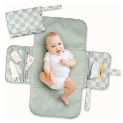 Tiny Twinkle Portable Diaper Changing Pad | Foldable, Waterproof & Compact Travel Changing Mat with Storage | Smart Wipes Pocket for On-The-Go Parents | Newborn Shower Gift (Sage Checkers)