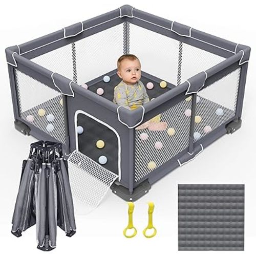 Foldable Baby Playpen with Mat, Foldable Playpen for Babies and Toddlers, Folding Baby Activity Center, Portable Play Yard with 2 Handlers + Suitable Size Mat(Grey, 50x50 inches)