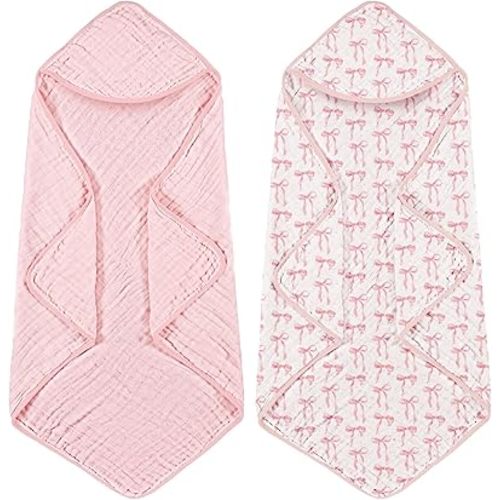 2 Pack Pink Bow Baby Towels for Newborn 100% Muslin Cotton Baby Bath Towel with Hood for Babies, Infant, Toddler and Kids, Large 32x32inch, Soft and Absorbent Kids Essential