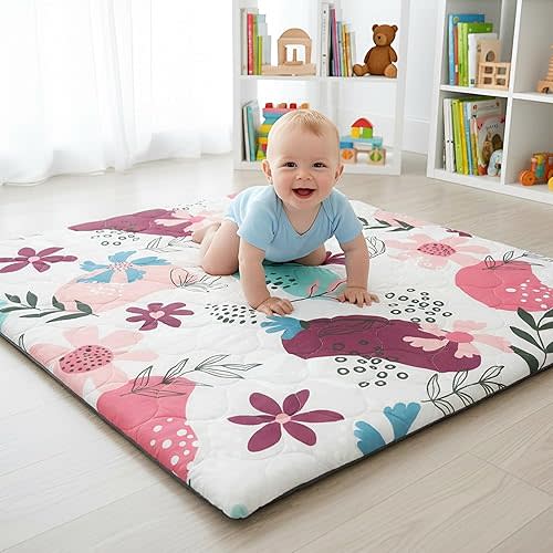 PaPaMat 1.5" Thicker Baby Play Mat for Floor, 50x50 Removable & Machine Washable Cover Playpen Mat Softness Foam Mats, Easy-Clean Hygienic, Comfort Safety Kids Crawling Living Room (Floral)