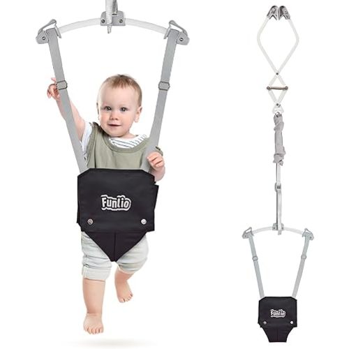 FUNLIO Baby Door Jumper for 6-24 Months (with Door Clamp), Baby Jumper Doorway with Strong Spring & Adjustable Strap, Portable Infant Baby Bouncer, Bearing 40 Lbs, CPC & CE Certified - Black