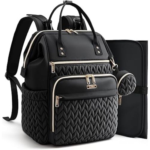 Lekesky Quilted Diaper Bag Backpack, Wide Opening Large Baby Bag for Mom Dad Maternity, Black Travel Diaper Backpack with Changing Pad, Insulated Pockets, Pacifier Case