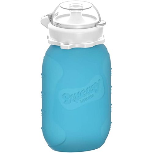 Blue 6 oz Squeasy Snacker Spill Proof Silicone Reusable Pouch - For Soft Foods & Liquids - Water, Apple Sauce, Yogurt, Smoothies, Baby Food - Dishwasher Safe