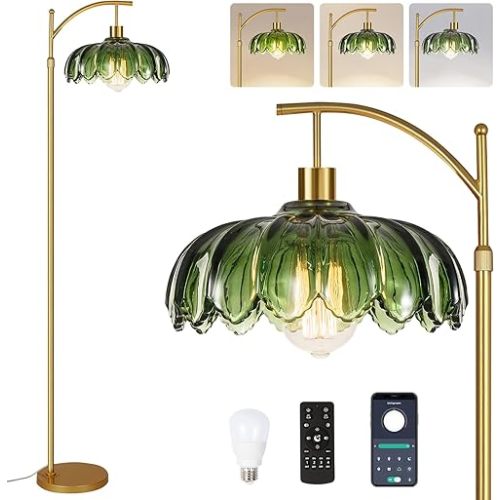 Gold Floor Lamp for Living Room,Bedroom,Mid Century Modern Standing Lamp with Remote,Dimmable Brass Tall Lamp Green Glass Lamp Vintage Retro Arc Floor Lamps Flower Floor Light Boho Bohemian