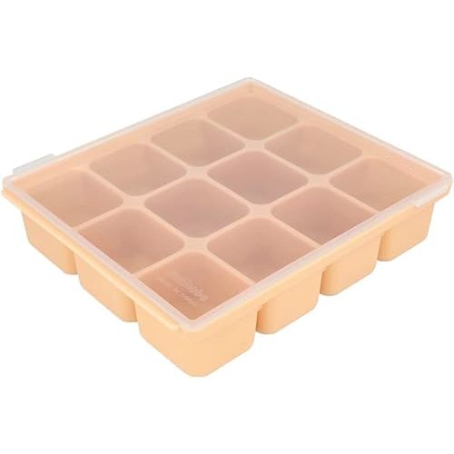 Baby Food Storage Silicone Cubes with Clip-On Lid Freezer Tray Baby Food Soups Purees Ice Easy and Safe Design Made in Korea(12 Sand Beige)
