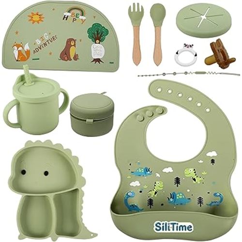 SiliTime Dinosaur-Themed Silicone Baby Feeding Set – Suction Mat with Food Catcher & Pacifier – 8-Piece BPA-Free Toddler Mealtime Essentials for Baby-Led Weaning
