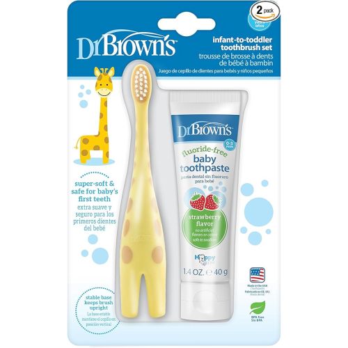 Dr. Brown's Infant-to-Toddler Training Toothbrush Set with Fluoride-Free Baby Toothpaste, Strawberry - Giraffe - 1.4oz - 0-3 years