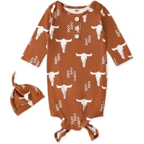 AMAWMW Newborn Baby Boys Girls Cartoon Sleeper Gown Long Sleeve Mountain Nightgown Hat Outfits