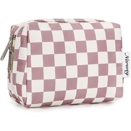 Narwey Small Checkered Makeup Bag for Purse Mini Cosmetic Bag Travel Makeup Pouch Zipper Pouch Cute Make up Bags with Compartments for Women Girls (Dusty Rose Checkerboard, Small)