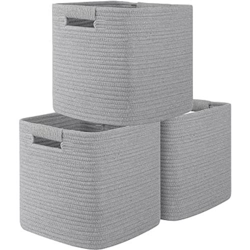 OIAHOMY Storage Cubes 11 Inch Storage Bins-3-Pack, Cotton Rope Woven Baskets for Organizing, Square Storage Baskets for Shelves Organizer, Classroom, Kids Toy Bins, Closet, Baby Nursery-Grey