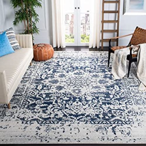 SAFAVIEH Madison Collection Area Rug - 8' x 10', Cream & Navy, Snowflake Medallion Distressed Design, Non-Shedding & Easy Care, Ideal for High Traffic Areas in Living Room, Bedroom (MAD603D)