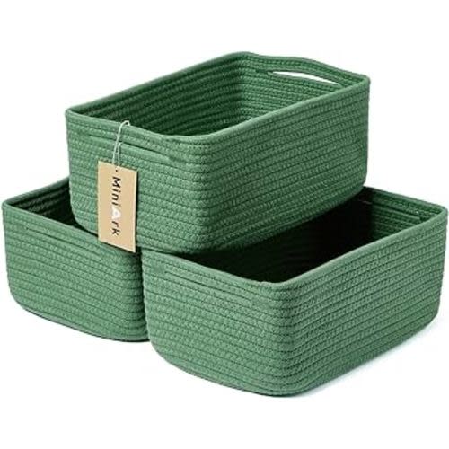Shelf Storage Baskets for Organizing | Closet Organizer Bins | Small Baskets | Toy Basket | Cute Decorative Basket | Cube Storage Bin | Woven Rope Basket | 13×8.5×5.1” | 3 Packs Green