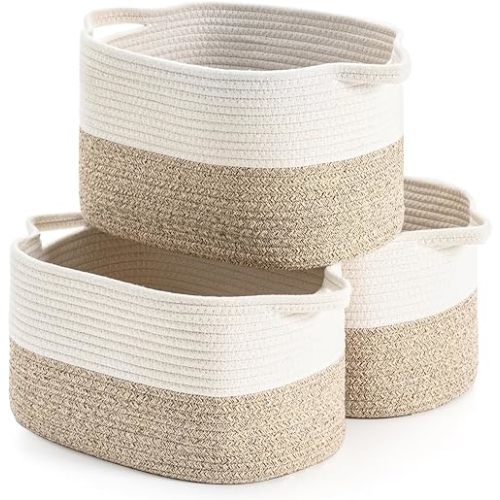 Cotton Rope Woven Storage Basket, Used for Baby Hamper Toy Organizer, Gift Baskets Empty,Kids Laundry Basket,Baby Blanket Basket. Size 15x10x8.7 Inches. (White&Brown-3PCS)