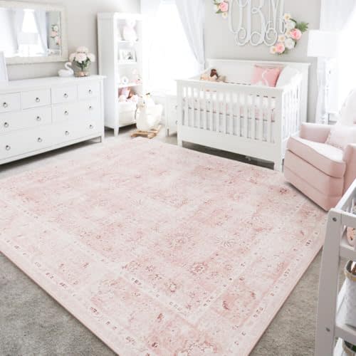 Pink Rug 5x7 for Living Room,Machine Washable Girls Room Rug for Nursery Bedroom,Blush Pink Super Soft Faux Wool Boho Floral Carpet 5 by 7