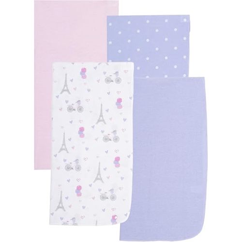EVERYDAY KIDS 4 Pack of Soft Flannel Receiving Baby Blanket Set for Girls; Pink and Grey Baby Swaddle Blankets with Paris Eiffel Tower and Polka Dot Designs for Newborn Baby Girl Nursery