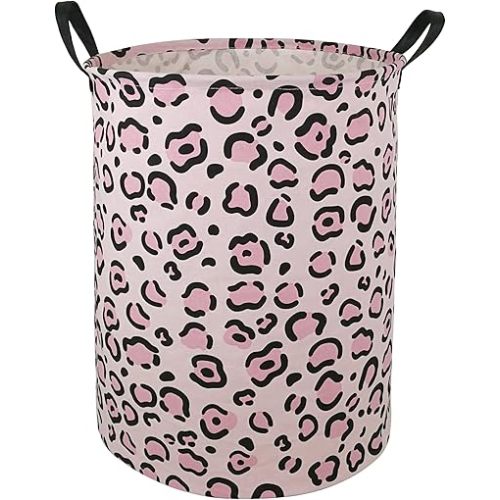 19.7 Inches Large Laundry Basket Waterproof Round Cotton Linen Collapsible Storage bin with Handles for Hamper Kids Room,Toy Storage(Leopard print)
