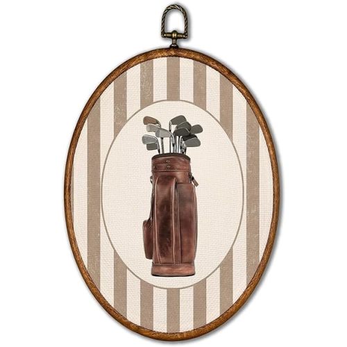 KSDUT Vintage Golf Wall Art Decor - Retro Sports Beige Stripes Wall Art Canvas Frame Hanging Prints, Nursery Sports Gallery Oval Artwork Decor for Home Decorations 8.6"x11.4"