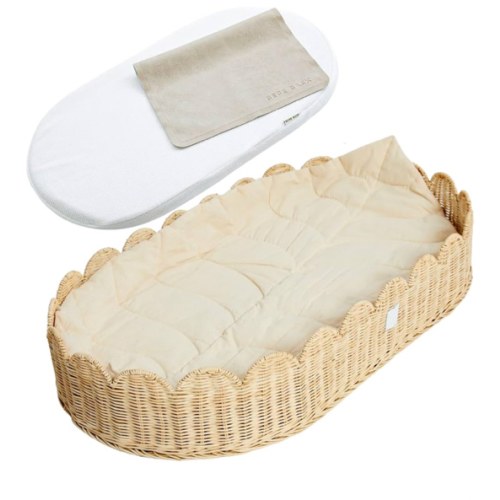 Bebe Bask Premium Baby Changing Basket - Artisan-Crafted Scalloped Rattan - Changing Basket for Baby Dresser - All Accessories Included - Complete Set for Nursery (Natural)