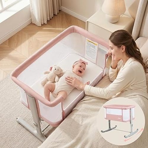 INFANS 3 in 1 Baby Bassinet, Bedside Sleeper for Newborn, Folding Crib with Mattress, Travel Bag, Wheels, 4-Sided Mesh, Easy to Assemble Cradle Co Sleeper Stationary, Rock (Pink)