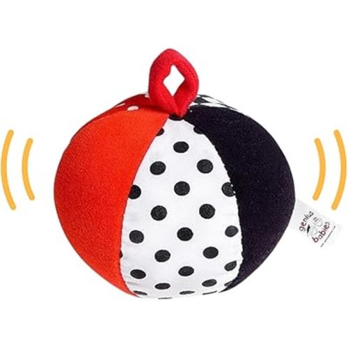 Genius Baby Toys Soft Plush Ball for Baby in High Contrast Colors Black, White, Red - Jingle Bell Chime Sound - 4" Diameter is Perfect Size for Small Hands