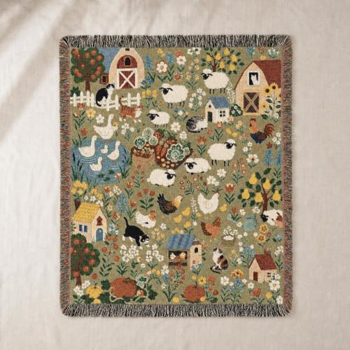 Farmhouse Animals Woven Blanket Cottagecore Sheep Barn Throw Rustic Country Farm Cotton Tapestry Blanket Cozy Cottage Decor