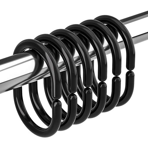 Amazer Black Shower Curtain Hooks Rings, 24 Pcs Plastic Shower Curtain Rings, Plastic Shower Curtain Hooks for Bathroom Shower Rod, Black Shower Hooks Rings Loops for Shower Curtain