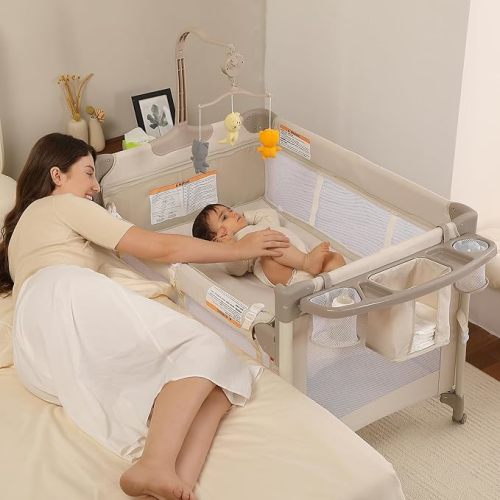 Pack and Play 4-in-1 Portable Playpen with Bassinet, Changing Table and Playard, One-Step Fold Travel Crib for Newborn to Toddler, Breathable Mesh, Storage Organizer & Wheels (Beige)