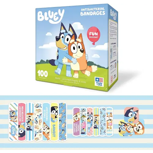 Bluey Kids Bandages, 3 Assorted Sizes 100 CT | Wear Like Stickers, Flexible Adhesive Bandages for Minor Cuts, Scrapes, and Burns. Great Gift idea and Stocking Stuffer