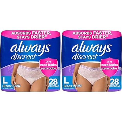 Always Discreet Adult Incontinence Underwear, Maximum Absorbency, Large, 28 Count (Packaging May Vary) (Pack of 2)
