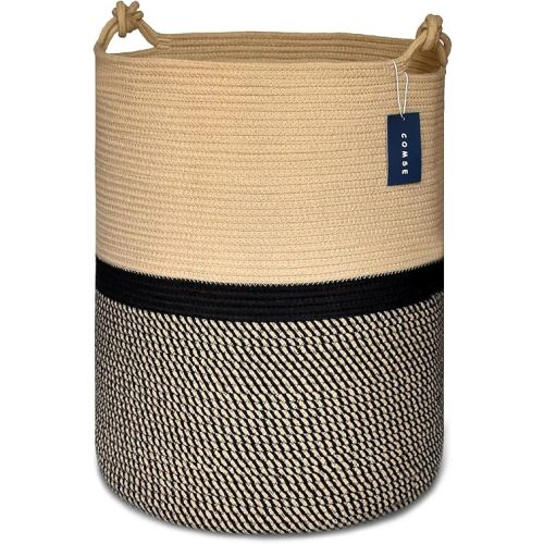 COMSE Extra Large Blanket Basket, Tall Woven Storage Basket, Nursery Hamper, 15.7”x 21.7”, Cotton Rope Laundry Hamper for Toys Clothes Towels, Blend Brown/Black
