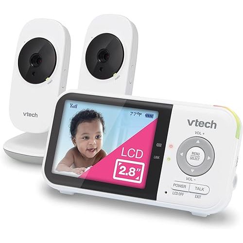 VTech VM819-2 Baby Monitor, 2.8” Screen, 2 Cameras, 1000ft Range, Night Vision, 2-Way Audio, Temperature Sensor, Lullabies, Secured Transmission No WiFi