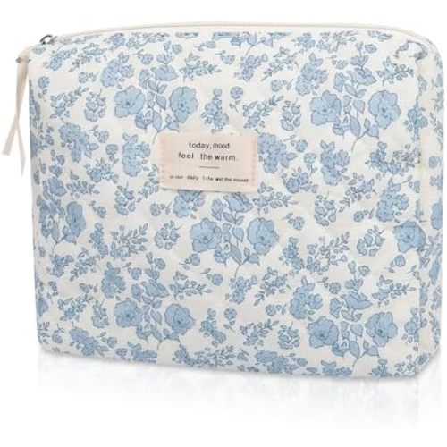 Floral Makeup Bag, Small Cosmetic Bag for Women Girls, Cute Cotton Makeup Bag, Quilted Makeup Bags, Flower Travel Toiletry Organizer Bag(Blue Floral)