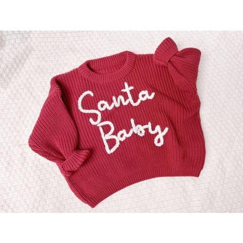 Hand Embroidered Christmas Santa Baby Sweater,Christmas Baby Knitted Jumper,Newborn First Christmas Gift, Newborn Shower Gift