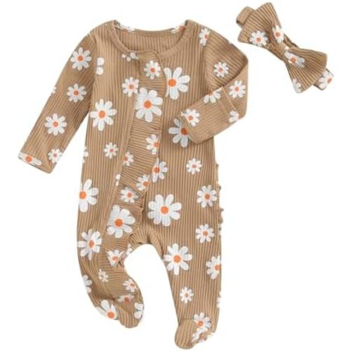 Ayalinggo Newborn Baby Girl Fall Winter Outfits Clothes Knit Jumpsuit Ruffle Romper Newborn Coming Home Outfit for Baby Girl 0-3M