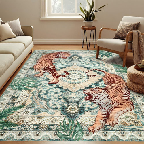 Oriental Tiger Print with Floral Machine Washable Area Rug