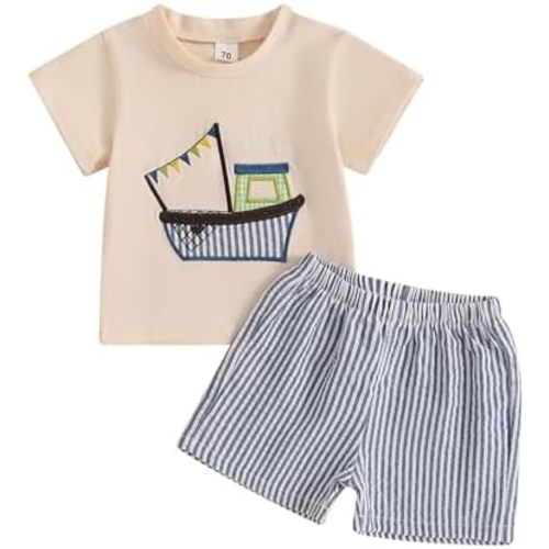 2PCS Summer Outfit Toddler Baby Boy Sailboat Short Sleeve T-Shirt Plaid Shorts Set Infant Boy Clothes