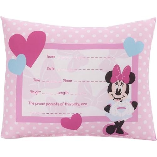 Disney Minnie Mouse Decorative Keepsake Pillow - Personalized Birth Pillow, Pink, White, Teal , 8x11x4 Inch (Pack of 1)