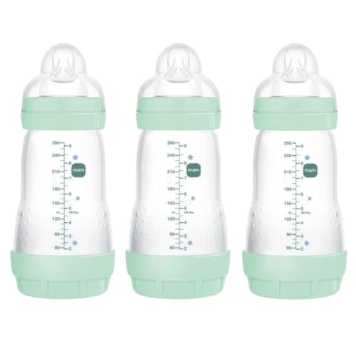 MAM 9oz Easy Start Anti-Colic Baby Bottles, Medium Flow, Breastfeeding-Like Silicone Nipple Bottle, Reduces Colic, Gas, & Reflux, Easy-to-Clean, BPA-Free, Colors May Vary