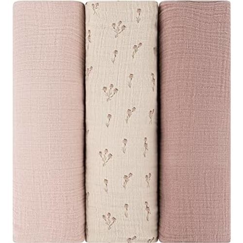 Ely's & Co. Muslin Swaddle Blanket 3-Pack for Baby Boy— 100% Cotton Muslin Extra-Large Swaddle Blankets (47”x 47”) Mauve Bluebell