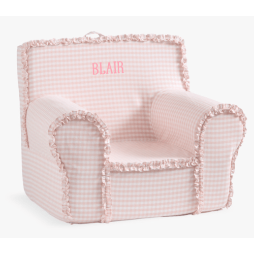 Kids Anywhere Chair, Sepia Rose Ruffle Gingham | Pottery Barn Kids. Personalized: 

Select A Design (Font): Wish Hand Drawn (Style V48)
Name: BLAIR
Text Color: Dusty Rose (PX)