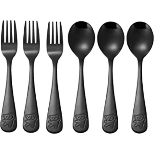 Pimoys 6 Pieces Kids Silverware Stainless Steel Toddler and Child Utensils, Childrens Safe Forks and Spoons Metal Cutlery Set, Engraved Bear, Black