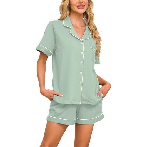 CF 100% Cotton Short Pajama Set Soft Button Down Pajamas Set Short Sleeve Sleepwear and Shorts with Pockets