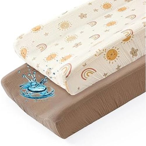 Basumee Muslin Changing Pad Cover Waterproof 2 Pack Baby Changing Table Covers for Boys and Girls Soft Breathable Nursery Diaper Change Table Cover Pad Fits 32"x16", Brown