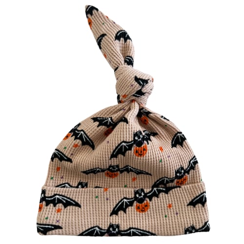 Organic Waffle Knot Beanie, Tan Trick or Treating Bat