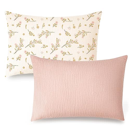 Konssy Muslin Toddler Pillowcase for 13x18 Pillow, 2 Pack Soft & Breathable Cotton Toddler Pillow Case, 100% Cotton Travel Pillow Covers for Baby Kids (Floral, Pink)