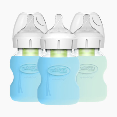 Dr. Brown's Anti-Colic Options+ Wide-Neck Glass Baby Bottle with Protective Sleeve - Blue/Mint, 5 Oz
