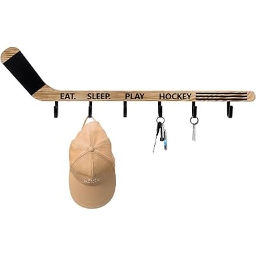 Leinuosen Wood Hockey Stick Wall Mounted Coat Rack with 4 Hooks, Wall Decoration, Wooden Coat Hooks for Hanging Clothes, Towels, Backpacks, Keys