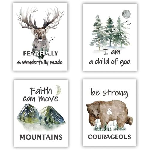 Forest Animals Bible Verse Poster , Inspirational Quote Poster ,Watercolor Wall Art for Kids Room Decor ,suitable for Kids Room ,Playroom Nursery Decor Decor | 4-pack20.32 x 25.40 cm (Unframed)