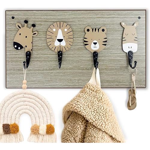 Lion Safari Nursery Wood Kids Wall Hooks for Hanging Decorative Baby Bedroom Bathroom Rack Decor(Lion)